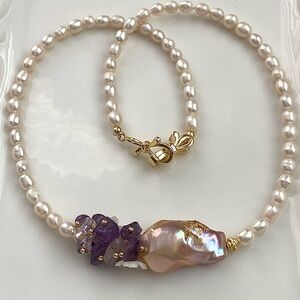 GP28-Handmade Flameball Pearl And Multi Gemstone Pearl Necklace
